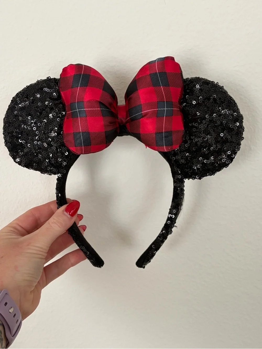 Disney Black Sequin Minnie Mickey Holiday Ears Headband with Red Plaid Bow